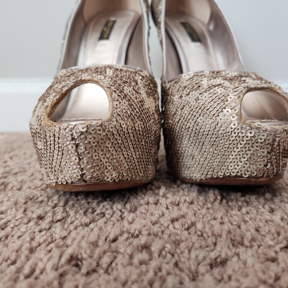 LOUIS VUITTON Beige Sequin Sanaga Open Toe Pumps Size 8.5/38.5 Authentic - Picture 7 of 14